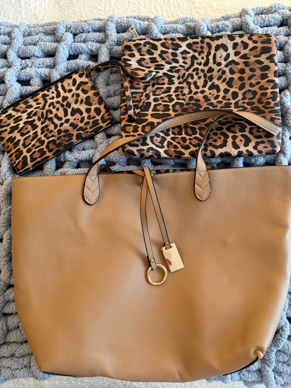 Tan Women's Reversible Tote Bag with Leopard Print Pouch - Unbranded